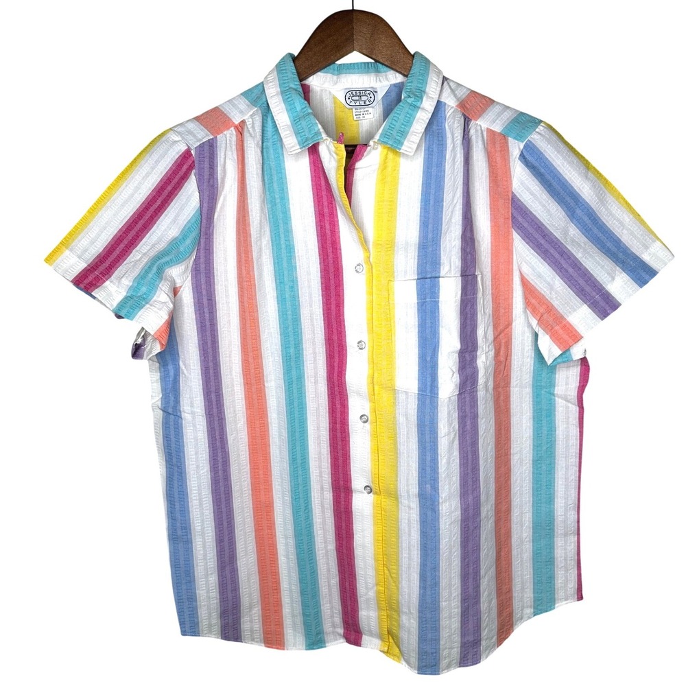 Vintage Jessica Tyler Womens Striped Button Down Shirt Short Sleeve Multi XL